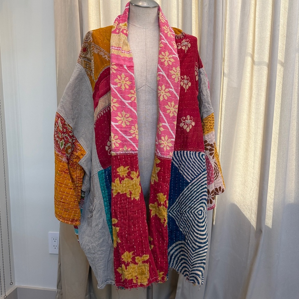 Urban Outfitters large Bohemian Patchwork Kantha  Pink Floral Open Front Jacket